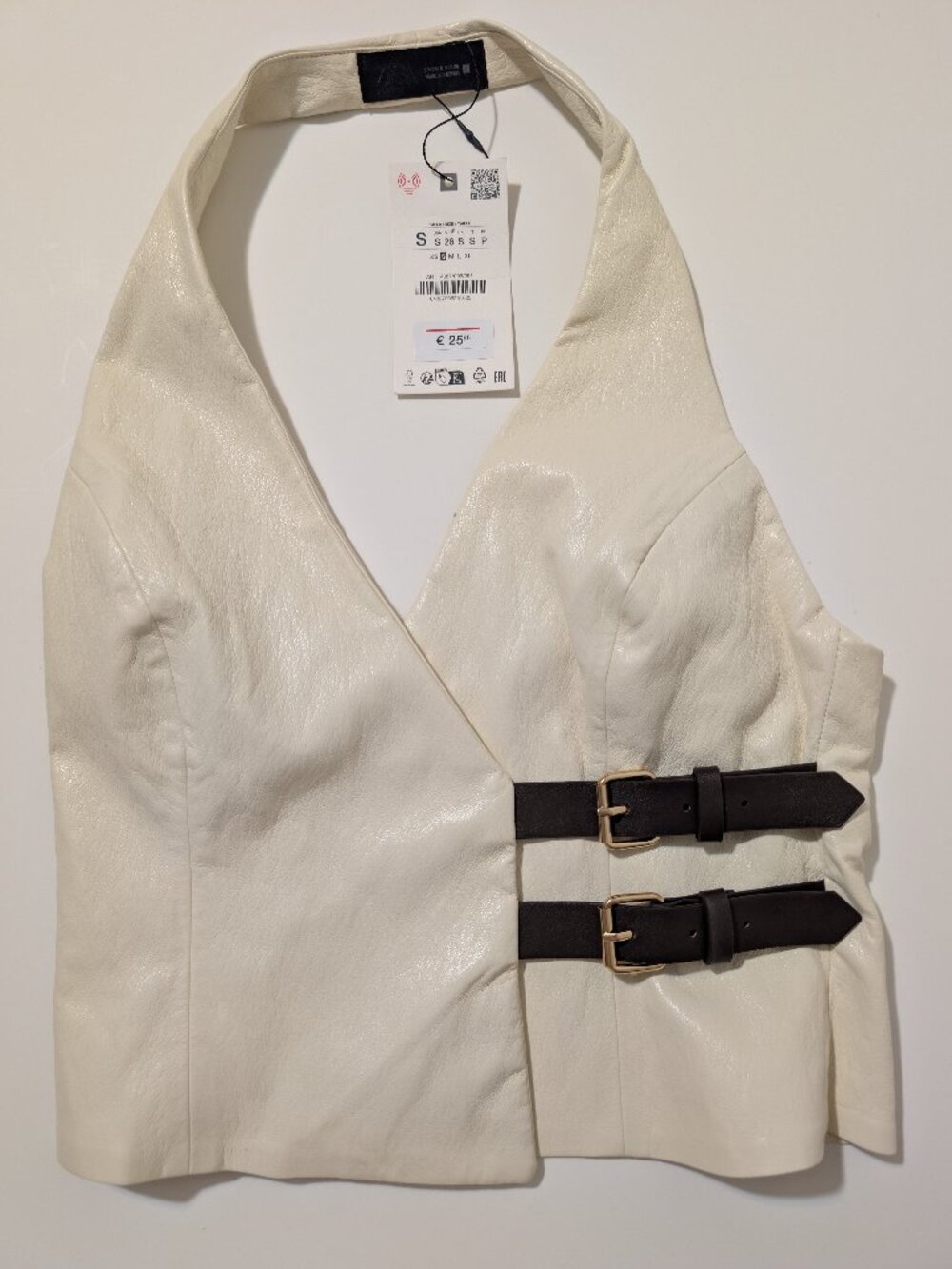 Zara Faux Leather Buckle Halter Top Oyster White S NWT